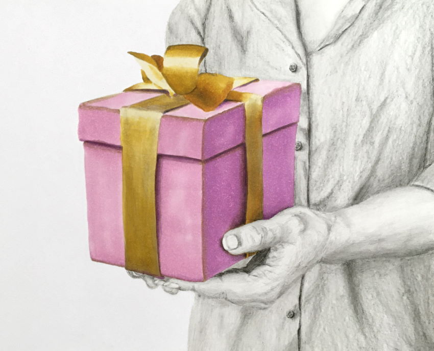 ציור של קופסת מתנה בעזרת עפרונות ומרקרים