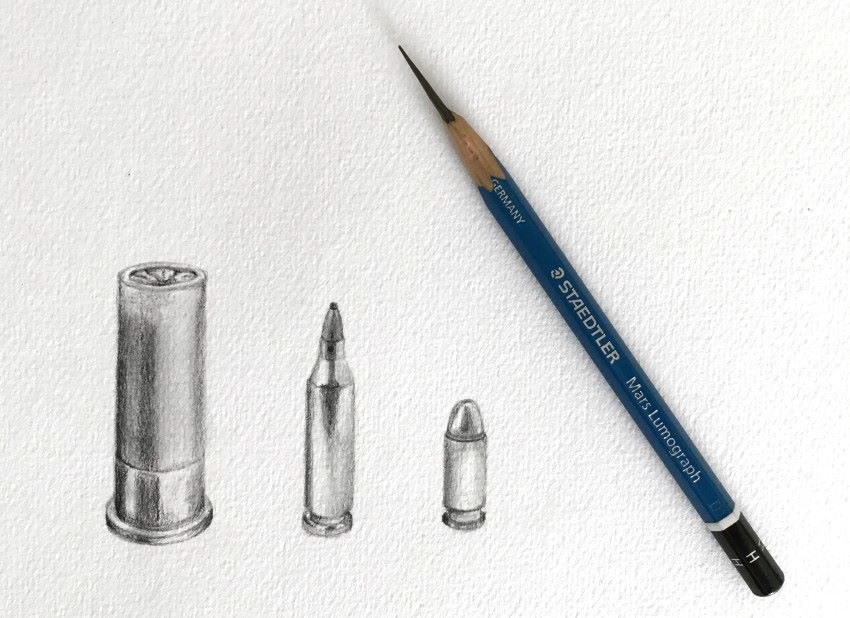 רישום בעיפרון של קליעי אקדח ורובה