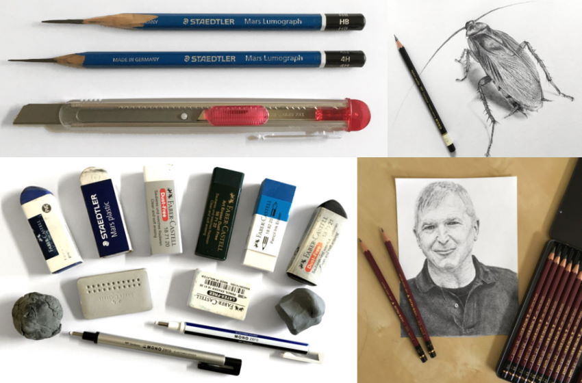 דוגמאות לציוד עבור רישום בעיפרון, כולל עפרונות ומחקים