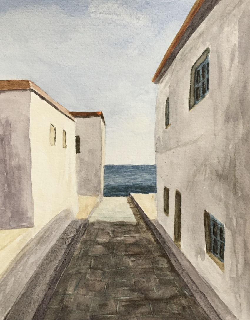 ציור בצבעי מים של רחוב ליד הים
