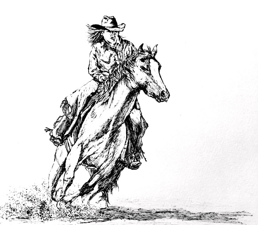 רישום בעט של בוקרת רוכבת על סוס
