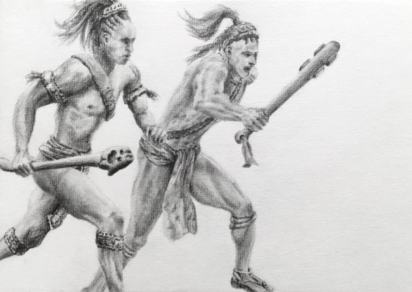 רישום בעפרונות גרפיט של שני לוחמים ילידים