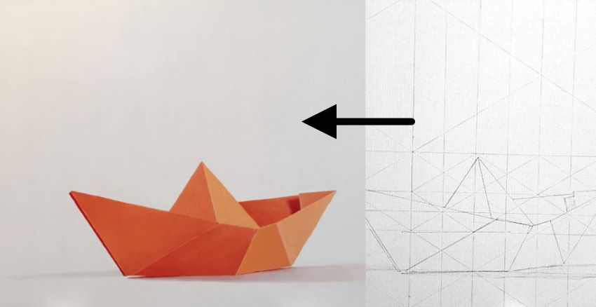 רישום כהכנה לציור סירת אוריגמי