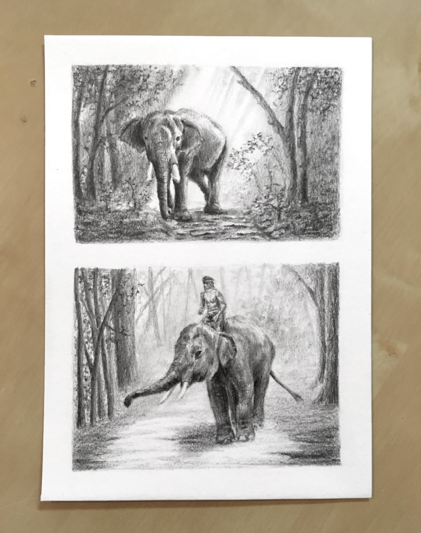 שני ציורים של פיל ביער