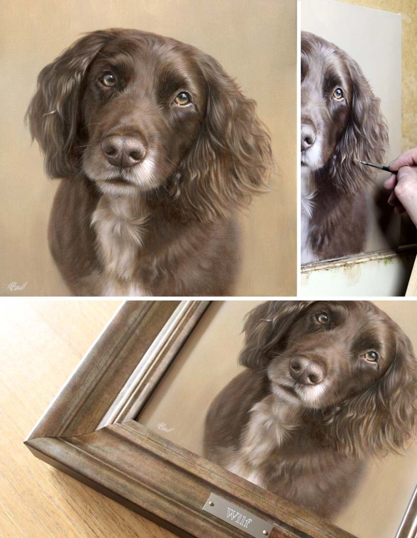 ציור דיוקן של כלב ממוסגר על ידי ניקולס ביל