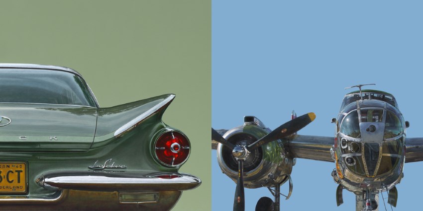 ציור מכונית ומטוס בסגנון היפר-ריאליזם בצבעי שמן