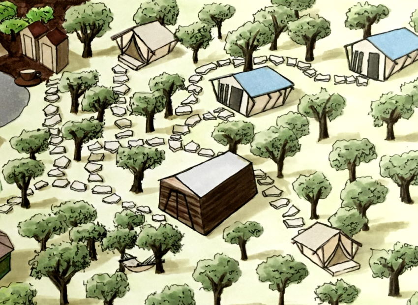 ציור מפה עם אוהלים ועצים בעזרת מרקרים