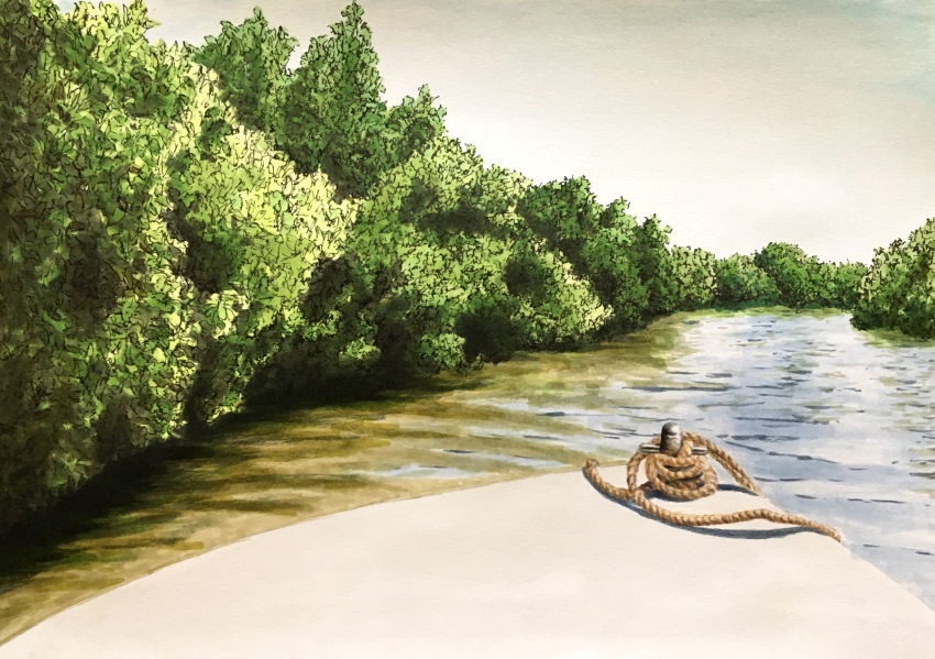 ציור נוף עם סירה, עצים, ונהר, בעזרת מרקרים
