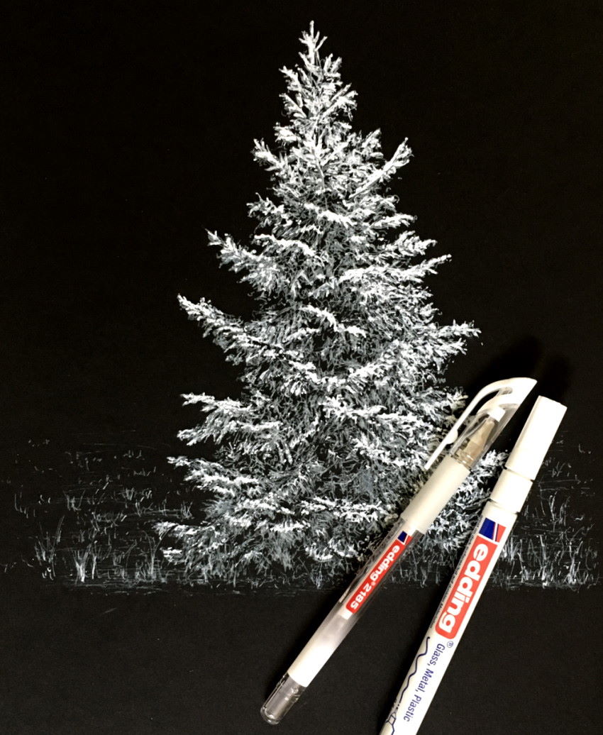 ציור של עץ לבן על דף שחור
