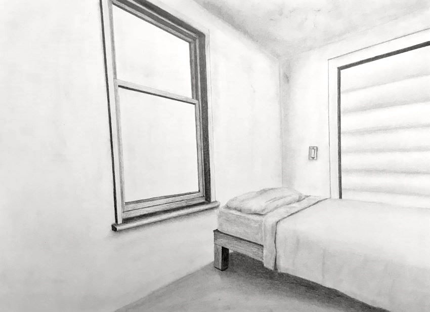 ציור של חדר שינה עם שתי נקודות היעלמות