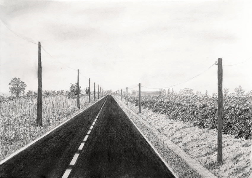 ציור של כביש ועמודי טלפון בפרספקטיבה עם נקודת היעלמות אחת