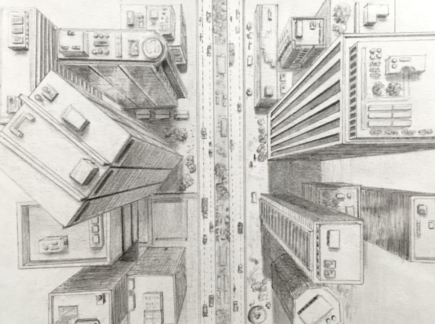 ציור של עיר במבט מלמעלה בפרספקטיבה עם נקודת היעלמות אחת
