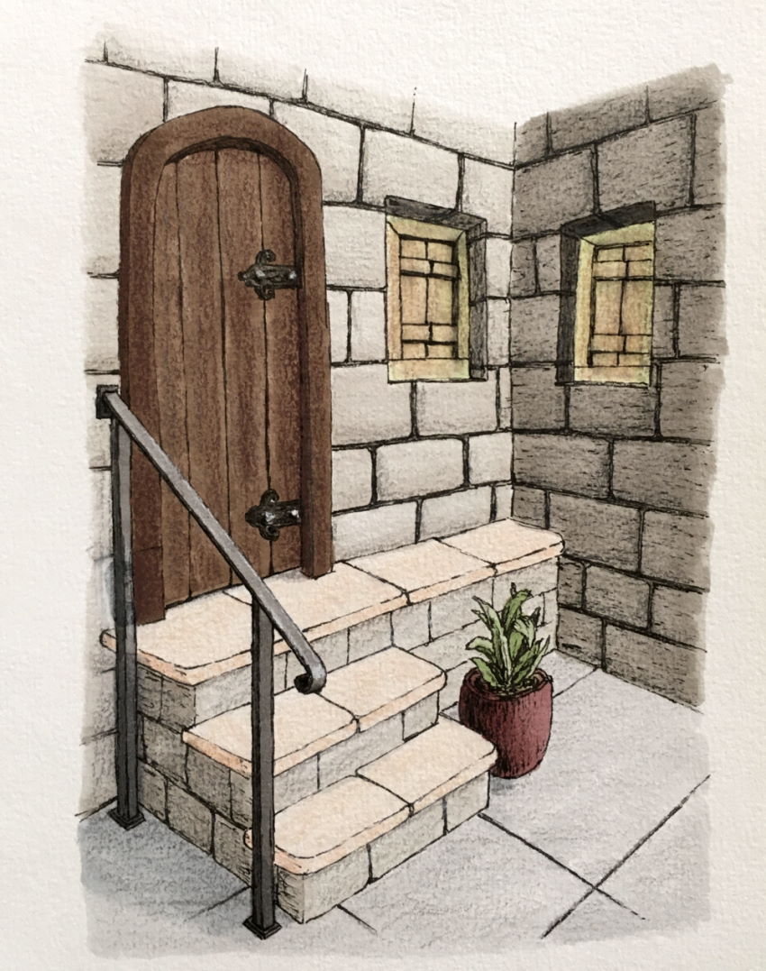 ציור בפרספקטיבה עם מרקרים של קירות בית עם דלת ומדרגות