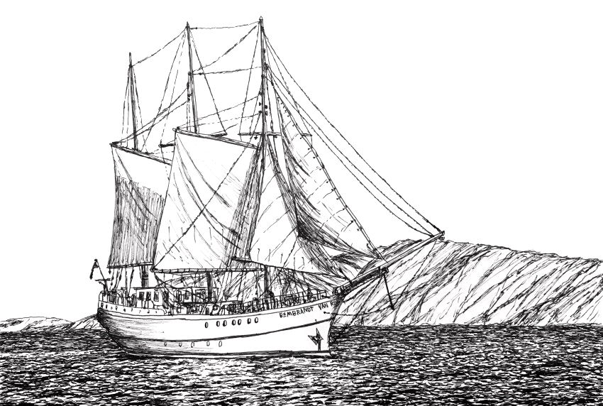 רישום של אוניית מפרשים בעזרת עט טכני