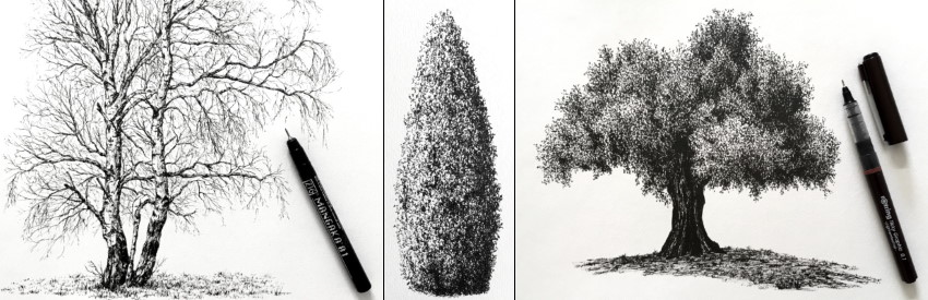 דוגמאות לציור עצים בסגנון ריאליסטי בעזרת עט