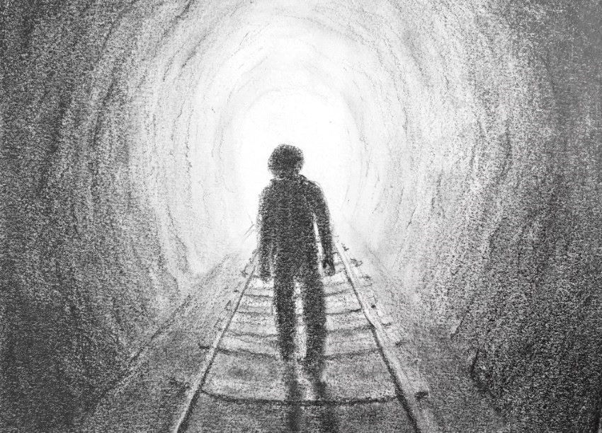 רישום בעיפרון של איש במנהרה