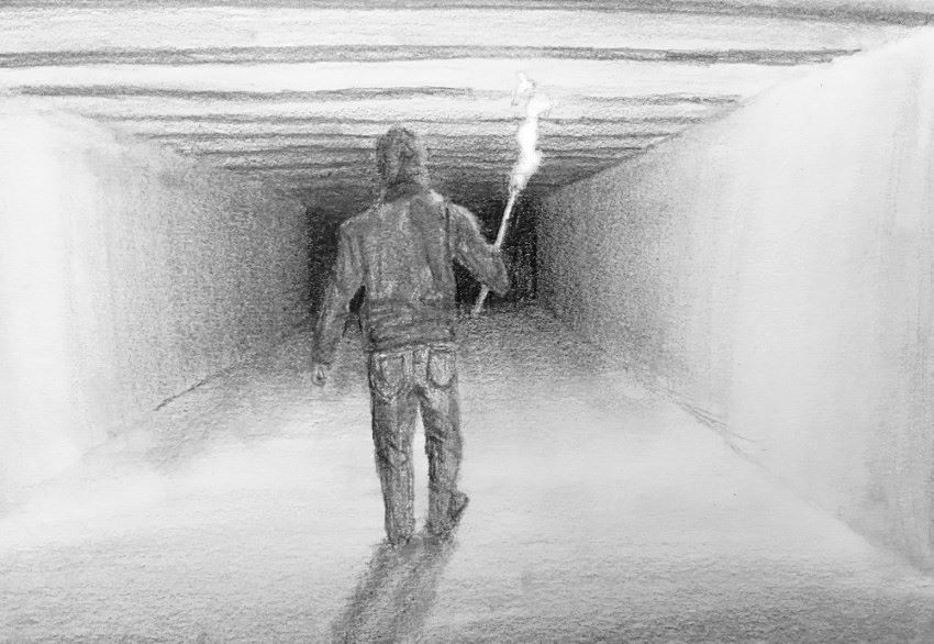 רישום בעיפרון של איש עם לפיד במנהרה