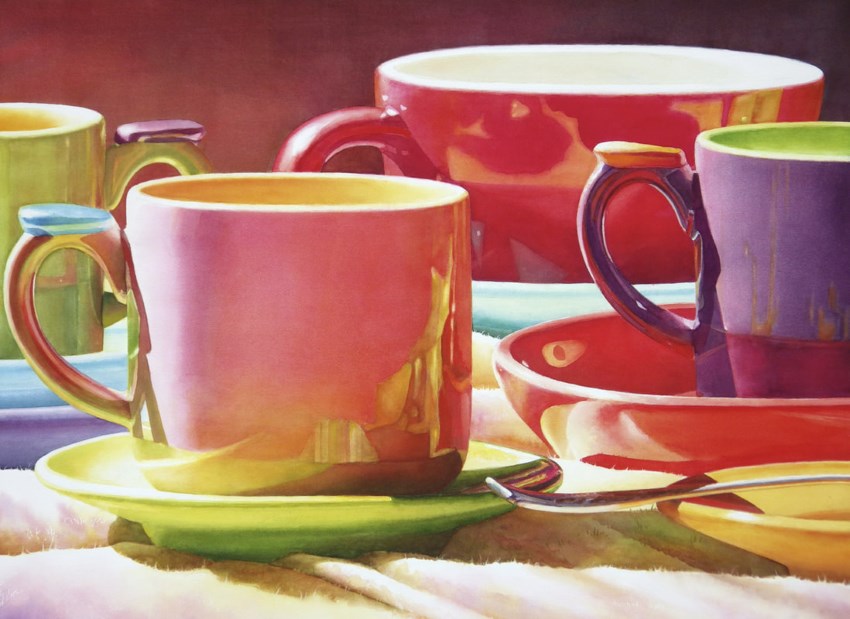 ציור בצבעי מים של ספלי תה על ידי לנה פריוויטרה