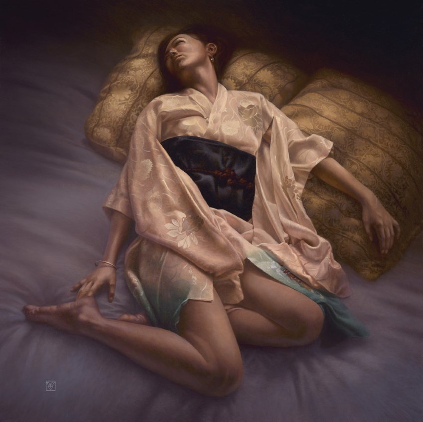 ציור שמן אישה שוכבת על מיטה על ידי כריסטוף ואשה