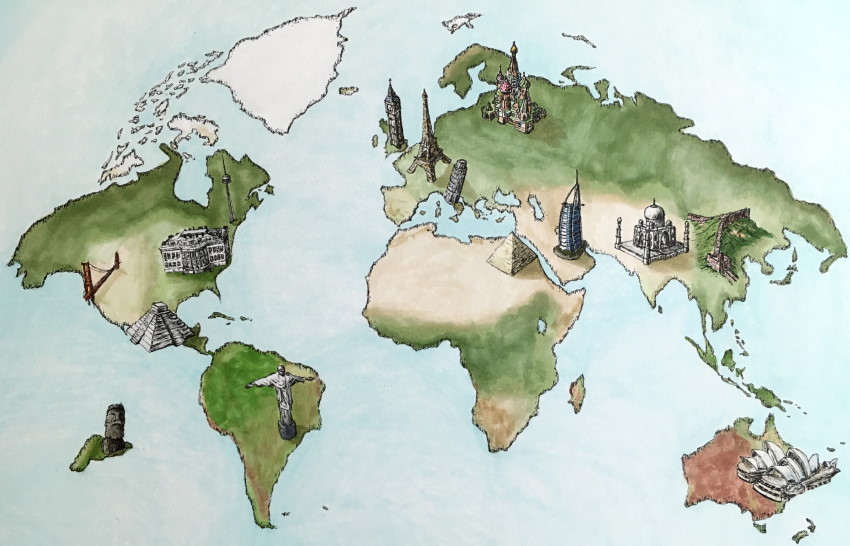 ציור של מפת עולם עם מבנים מפורסמים