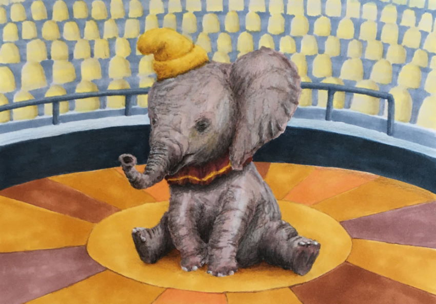 ציור עם מרקרים ועפרונות צבעוניים של דמבו הפיל המעופף