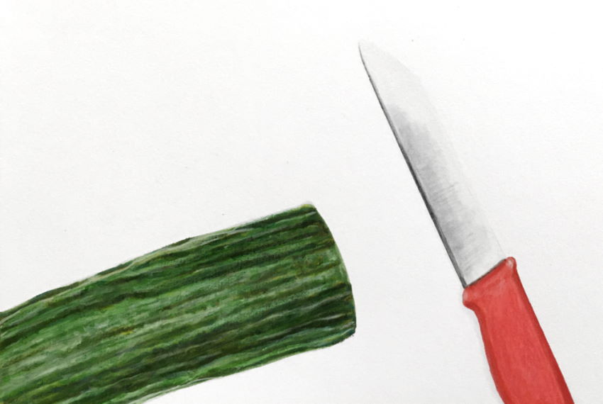 ציור מלפפון וסכין מטבח בעזרת מרקרים ועפרונות צבעוניים