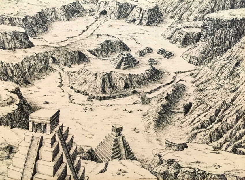 הרים, אדמה סלעית, ומבנים של בני המאיה, ציור מפה עם עט