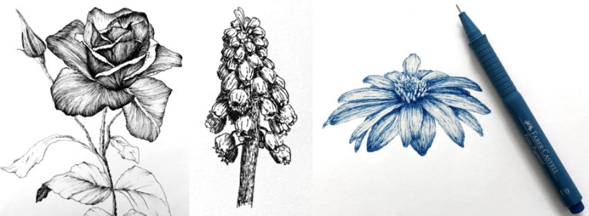 דוגמאות לרישום בעט של פרחים, בעזרת עט
