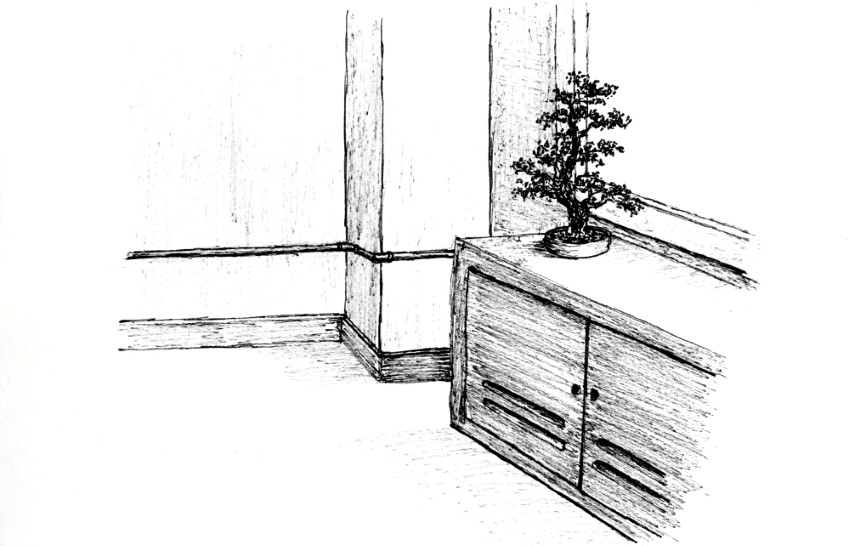 רישום בעט של עץ בונסאי בחדר