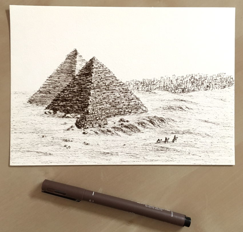 ציור פירמידות עם עט חום