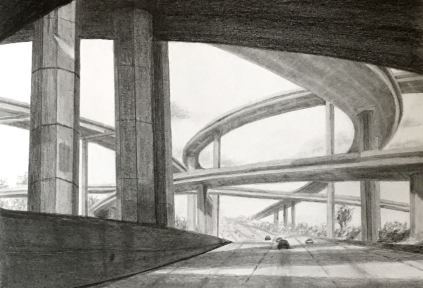 ציור של מחלף כבישים בפרספקטיבה עם עיפרון