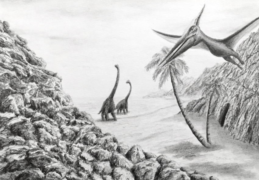 רישום בעיפרון של חוף עם דינוזאורים