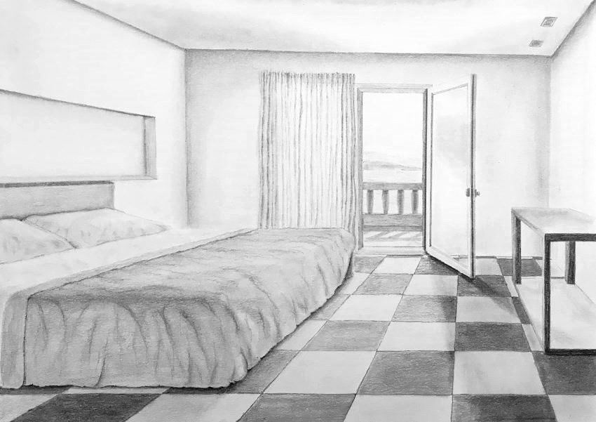 חדר שינה עם מרצפות בפרספקטיבה בנקודת היעלמות אחת