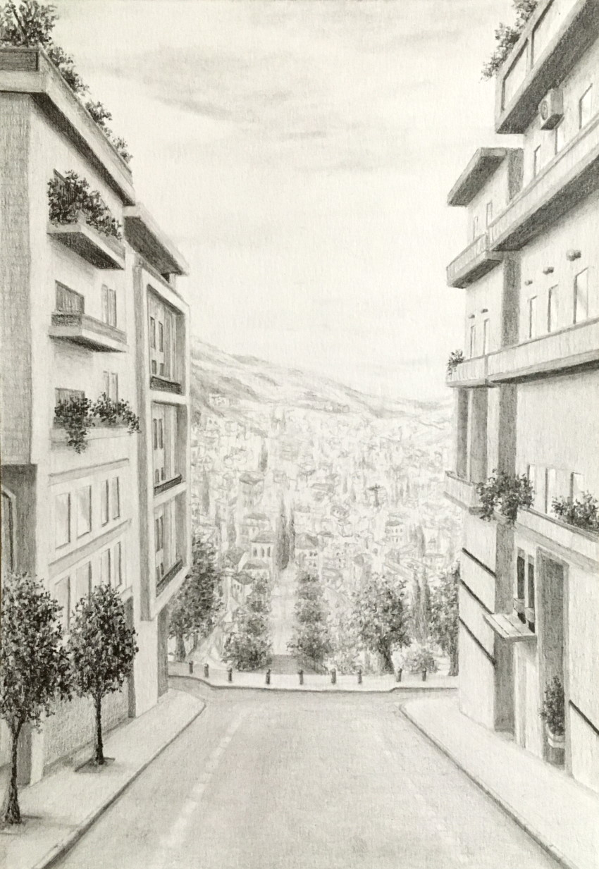 ציור בפרספקטיבה של רחוב וכביש במורד ההר