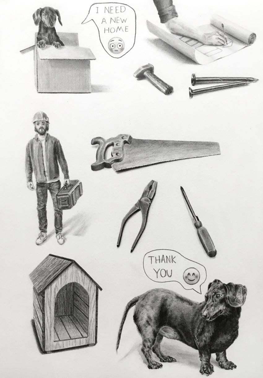 רישום ריאליסטי בעיפרון של כלב, מלונה וכלי עבודה