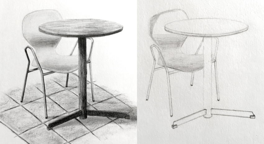 ציור גרפיט של כיסא ושולחן