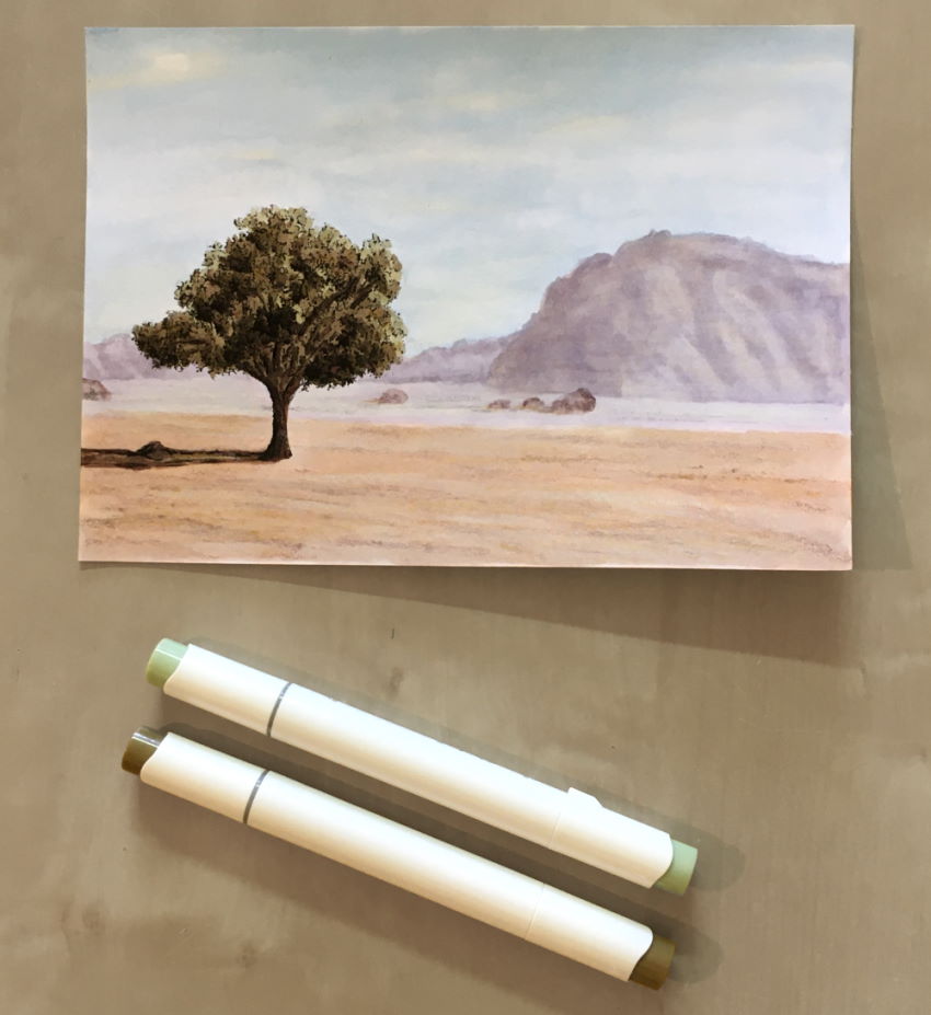 ציור של נוף ועץ עם מרקרים